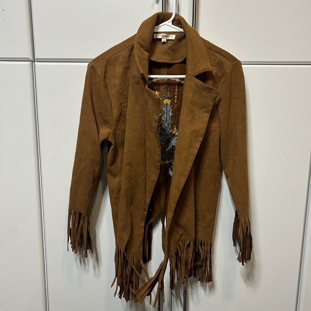 Andree by Unit Brown Faux Suede Fringe Cactus Embroidered Western Jacket Small